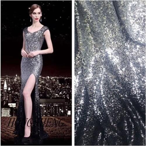 Wide 135cm Black Silver Gradient Shining Sequins Mesh fabric Net Fabric DIY Sewing Wedding Dress Performance Skirt