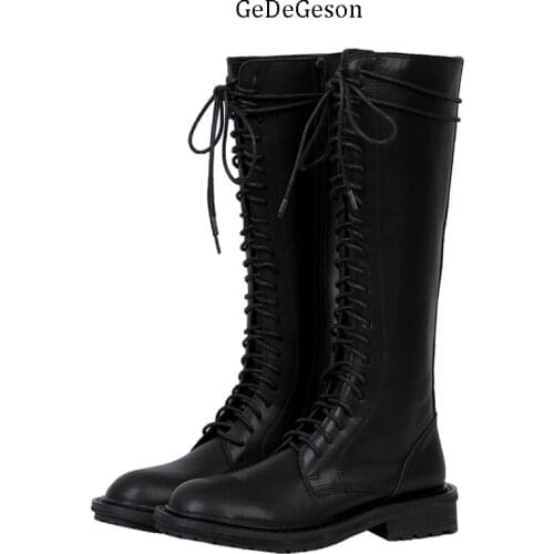 Calf Leather Boots Female Mid-Calf or Knee-High Martin Shoes Luxury Rome Sheep Skin Lining Front Shoelace and Side Zipper