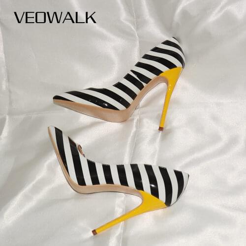 Veowalk Zebra Striped Women Sexy Patent Leather High Heels Fashion Ladies Pointed Toe Stilettos Pumps Iconic African Party Shoes