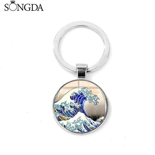 Japanese Style Wave Kanagawa Glass Art Photo Keychain Cartoon Blue Ocean Wave Car Key Chain Handbag Key Ring Accessories