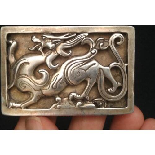 YIZHU CULTUER ART Rare Collection China Tibet Silver Carving Dragon Beast Belt Button Decoration