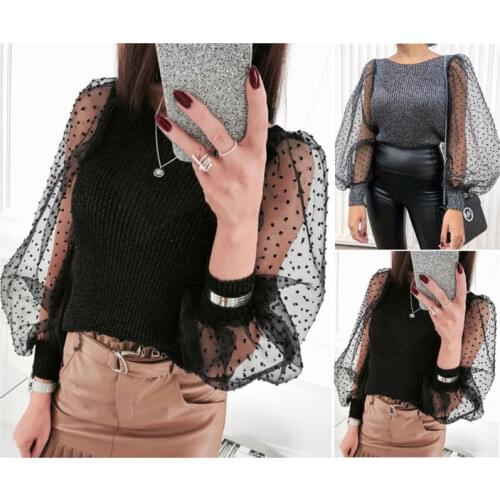 Womens Sheer Casual T-shirts Lady Mesh Dot Puff Sleeve Blouse Slim Sweater Tops