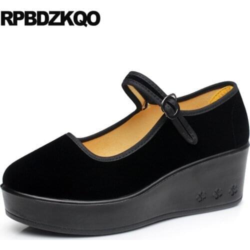Ladies Round Toe Autumn Black Low Heels Wedge Female Size 4 34 Pumps Work Medium Modern Casual 2021 Women Platform Shoes Cheap