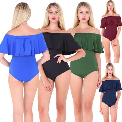 Woman Sexy Multicolor Ruffled Off Shoulder Bodycon Bodysuit Summer Beach Solid Swimsuit Female Casual Stretchy Slim Jumpsuit XL
