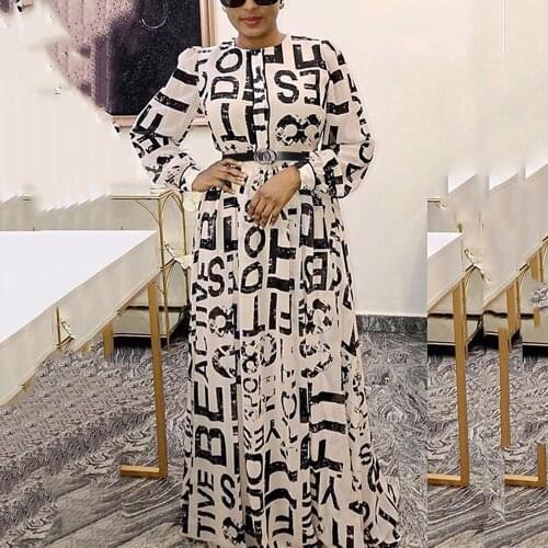 Fashion Chiffon Dress Womens Letter Printed Full Sleeve High Waisted Floor Length Elegant Evening Night Party Vestidos Mujer New