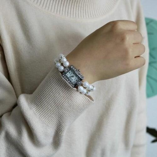 1PCS Hot Fashion Casual Women Watch Pearl String Strap Quartz Wrist Rhinestone Bracelet Square Watch models Female Clock Ladies