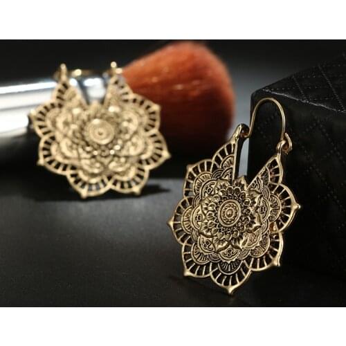 Antique Silver Color Mandala Earrings Ethnic Pendant Openwork Flower Bohemian Geometric Ornaments Flower Earrings Women