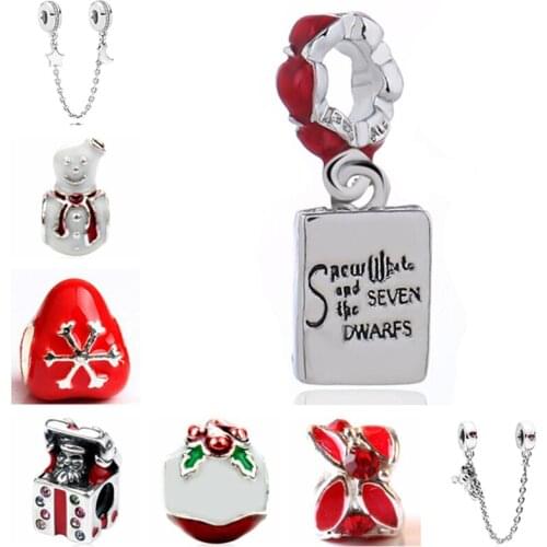 Btuamb Simple Style Santa Claus Love Heart Star Moon Pendant Safety Chain Beads Fit Pandora Charm Bangles for Women DIY Jewelry