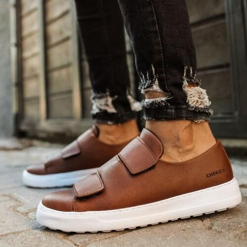 Chekich Men Tan Color Sneakers Artificial Leather Daily Shoes Velcro Style Casual Lightweight Design Sewing Outsole Comfortable Walking New Season 2021 Summer & Autumn Fashion Office Suits Wedding CH007 V6