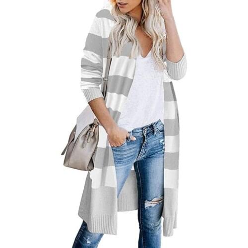 Long Cardigan Contrasting Striped Womens Sweater Long Sleeve Autumn Coat Woman Cardigans Knitwear