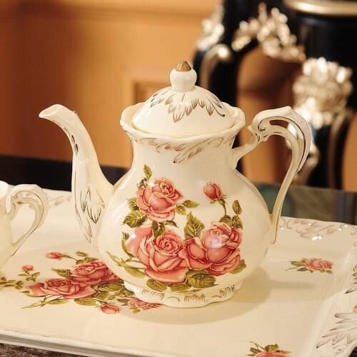Rose Flower Ceramic Teapot Gold Rim Coffee Cup With Saucer Sets Breakfast Cafe Mug Milk Can Tea Jar Pot Drinking Cups Coffeeware