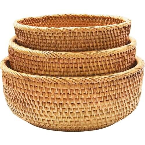 Round Wicker Baskets Handwoven Fruit and Vegetable Storage for Serving Bread Rattan Decor Basket Stackable Set of 3