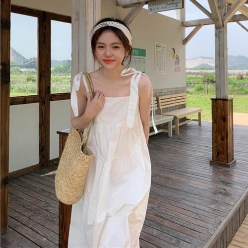 Summer Sweet Spaghetti Strap Lace Up Midi Dress Square Collar Casual Loose Beach Party Dress Plus Size Dresses for Women 2021