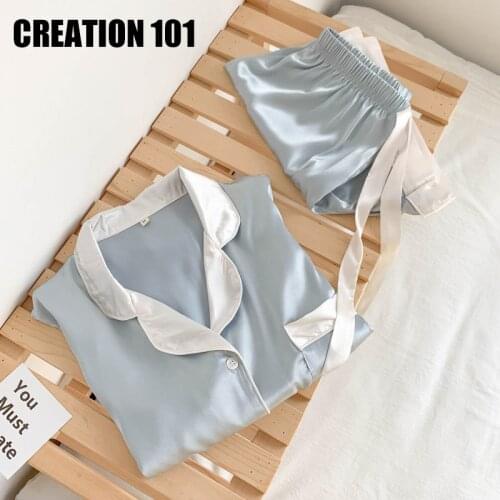 Summer Contrast Sleepwear Womens Pajamas Suit Ice Thin Short Sleeve Pajamas Suit Ins Style Simple Home Wear Two Piece Set
