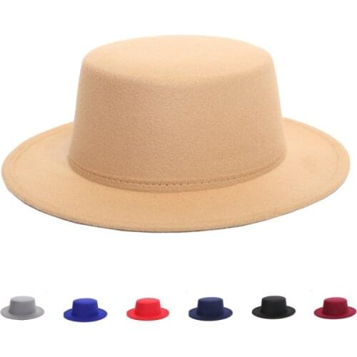 LUCKYLIANJI Vintage Retro Kid Child Solid Color Pork Pie Elegant Wool Felt Flat Oval Top Porkpie Bowler Hat (One Size: 54cm)