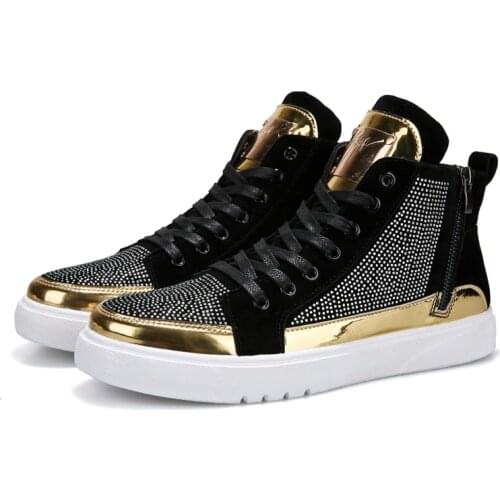 High Quality Men Gold Metallic Glitter Sneakers Crystal Platform Flats Gold Shoes Man Sequins Krasovki Leisure Walking Shoes