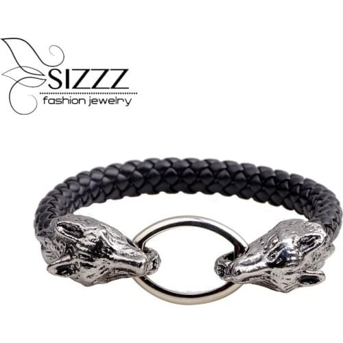SIZZZ 20cm Long Bursts Of Mens Double-headed Wolf Leather Bracelet Domineering Personality Bracelet For Women And Men