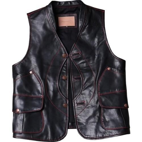 BONJEAN Japan Vintage Motorcycle Biker Vest Safari Style Mens Genuine Leather Sleeveless Jacket Cowboy Horsehide Waistcoat