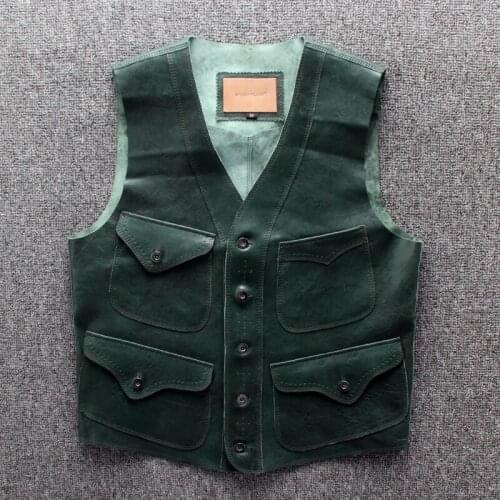 Genuine Mens West cowboy Style Suit Vest Slim Fit Leisure Male Waistcoat Sheepskin Real Leather Motorcycle Biker Vests