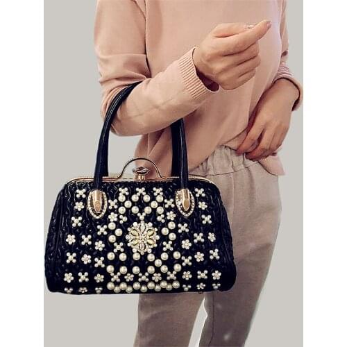 Luxury fashion diamond women handbag female rhinestone pearl shoulder messenger Hasp bag PU leather ladies portable party bags