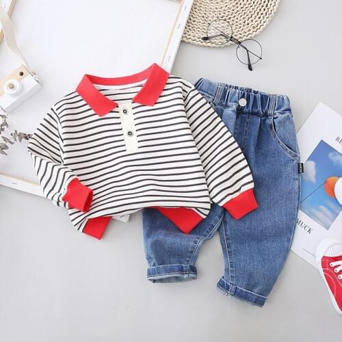New spring Children Baby Boys Girls Clothes Infant Suits stripe Shirt jeans Pants 2Pcs/sets Toddler Clothing Kids Suits