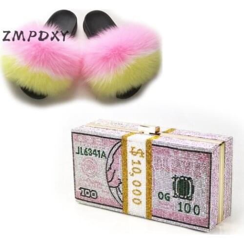 Womens Real Fox Fur Slippers Ladies Banquet Bling Chain Crossbody Phone Purse Fur Slides Modern Shoulder Bag Shoes Sets Sandals