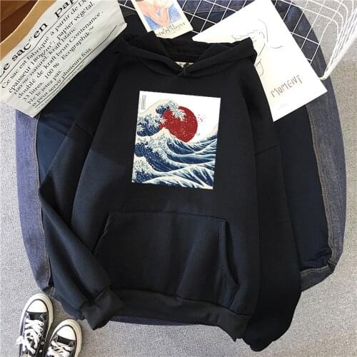 The Great Wave Sunrise Print Hoodie Man Women Casual Long Sleeve Fleece Warm Hooded Streetwear Top Harajuku Pcokets Sweatshirts