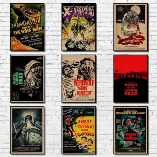 Vintage Horror Film Poster Retro Kraftpaper Poster Art Painting Fancy Wall Sticker for Coffee House Bar