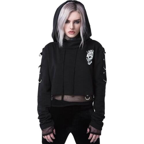 Women Halloween Skull Hoodie Sweatshirt Long Sleeve Goth Skeleton Print Hooded Crop Top Y2K Streetwear Draw String Clothing