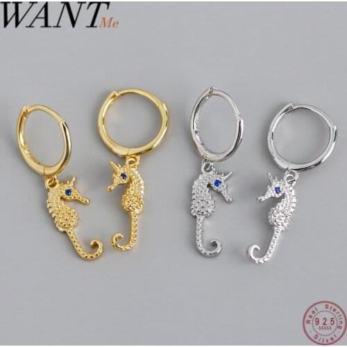 WANTME Punk Genuine 100% 925 Sterling Silver Blue Zircon Seahorse Stud Earrings for Women Hippocampus Fine Animal Jewelry Gift