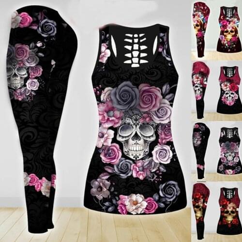 Two Piece Yoga Set Women Hole Shirt Sleeveless Hollow Out Tank Top High Waist Legging Fitness Workout Sport Female Sets Outfits