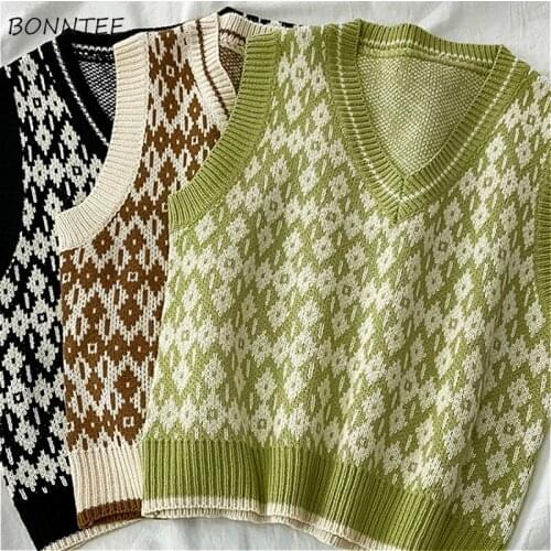 Sweater Vests Women V-neck Students Streetstyle All-match Spring Casual Sleeveless Sweetie Fashionable Ulzzang Popular Knitted