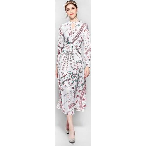 High Quality 2020 Spring New Arrival Fashion A-Line O-Neck Full Sleeve Hollow Out Pattern Print Elegant Mid-Calf Dress Women
