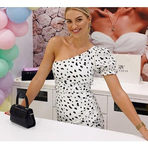 DISEYAR Y2K One Shoulder Polka Dot Print Dresses For Women Backless Mini Outfit Cascading Ruffle Wave Bodycon Beach Dress Casual