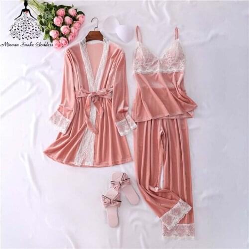 3pcs Gold Velvet Pajamas Set For Women Sexy Lace Sleepwear Pajamas Suit Winter Warm Nightdress Woman Nightwear Pyjamas