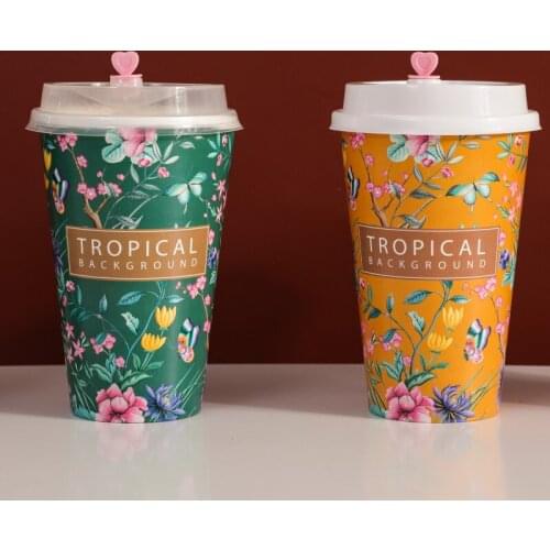50pcs High quality creative disposable paper cups 500ml 16oz milk tea juice coffee drink cups brthday party favors cup with lid
