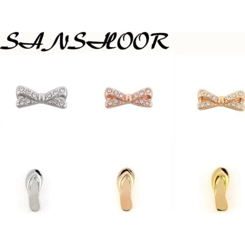 SANSHOOR Pave Bow Keeper Design Flip Flop Slide Charms Fit Pu Leather Wrap Keeper Bracelets For Women As Mothers Day Gifts 6Pcs