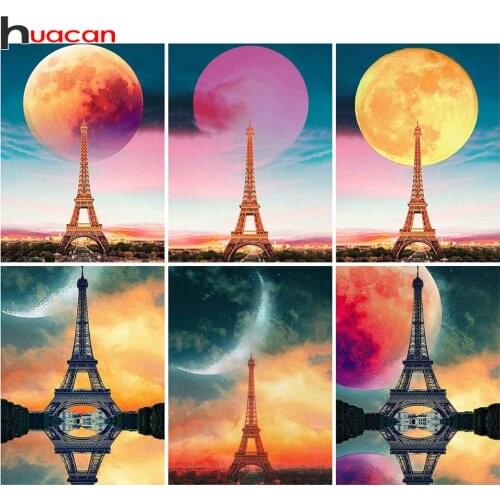 Huacan 5d Diy Diamond Painting Eiffel Tower Moon Decor Home Diamond Embroidery Scenery Mosaic Wall Sticker