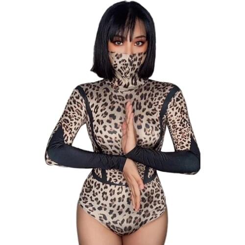 Sexy Leopard Print Long Sleeve Bodysuit Elastic Club Bar Women Dj Singer Costume Pole Dance Wear Festival Party Outfit DNV14239