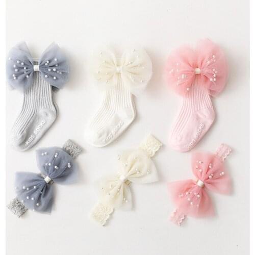 Baby Girl Socks Headbands Set Lovely Hair Bows Toddler Sock Knitted Stockings Delicate Pearl Baby Accessories Photo Props