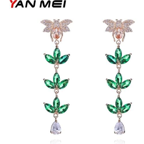 Elegant Bee Leaves Crystal Dangle Earrings Cubic Zirconia Earring Water Drop Female Fashion Jewelry YME627