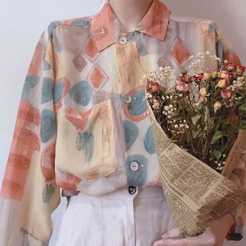 Elegant Thin Blouse Women Long Sleeve Casual Vingate Tops Chiffon Shirts Office Lady Korean Style Turn Down Collar 2021 Summer