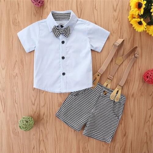 Infant Baby Boy Summer Outwear Button Down Short Sleeve Lapel Bowknot Shirt + Suspender Plaid Pants with Pocket Children Clothes