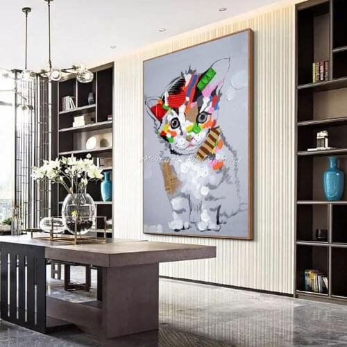 100% Hand Painted Modern Wall Decoration Cartoon Animals Colorful Cat Oil Painting On Canvas Wall Art Picture Living Room Decor
