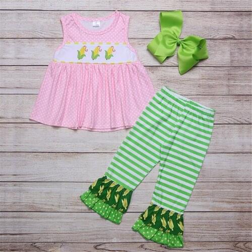 Fashionable Newly Pure Cotton Baby Girls Set Pink Polka-Dot Corn Embroidery Sleeveless Clothes Green Striped Lace Trousers