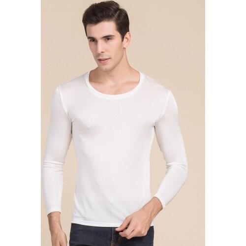 Middle aged mens silk round neck long sleeve T-shirt mulberry silk double-sided knitting bottoming Shirt Large Top 7049