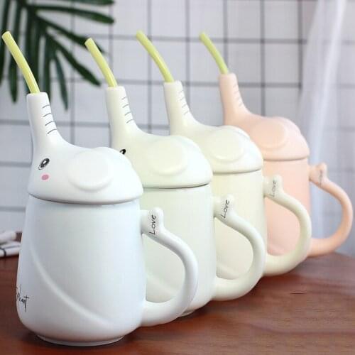 Cute Elephant Long Nose Ceramic Cup Set Animal Straw Cup Lid Creative Drink Coffee Tea Cup Milk Cup Breakfast Gift Packaging