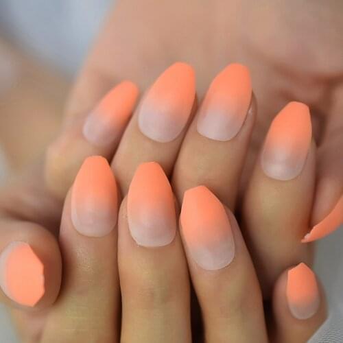 Press On False Ombre Nails With Design Bright Orange Matte Coffin Fake Nail Tips Medium Length French Faux Ongles