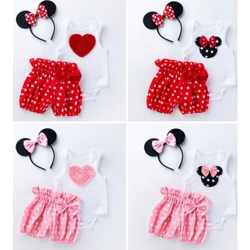 Newborn 0-2 Years Baby Girls Mickey Minnie Birthday Party Clothes Set Children Summer Romper Shorts Ear Headband 3 Pcs Outfits