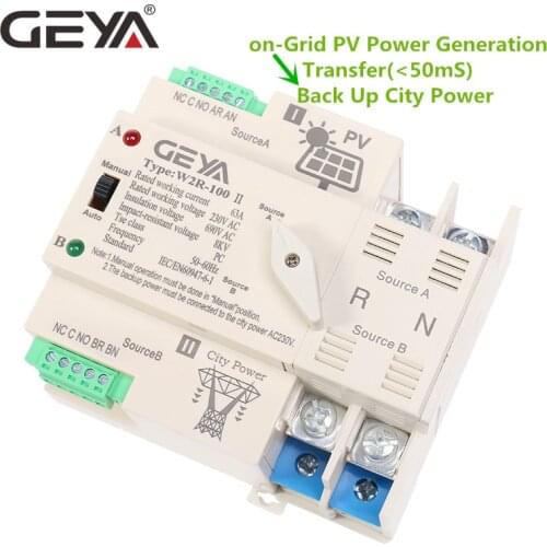 NEW GEYA on-Grid Photovolatic Power Automatic Transfer Switch Din Rail 2P 63A 100A AC220V ATS PV System Power Use Only